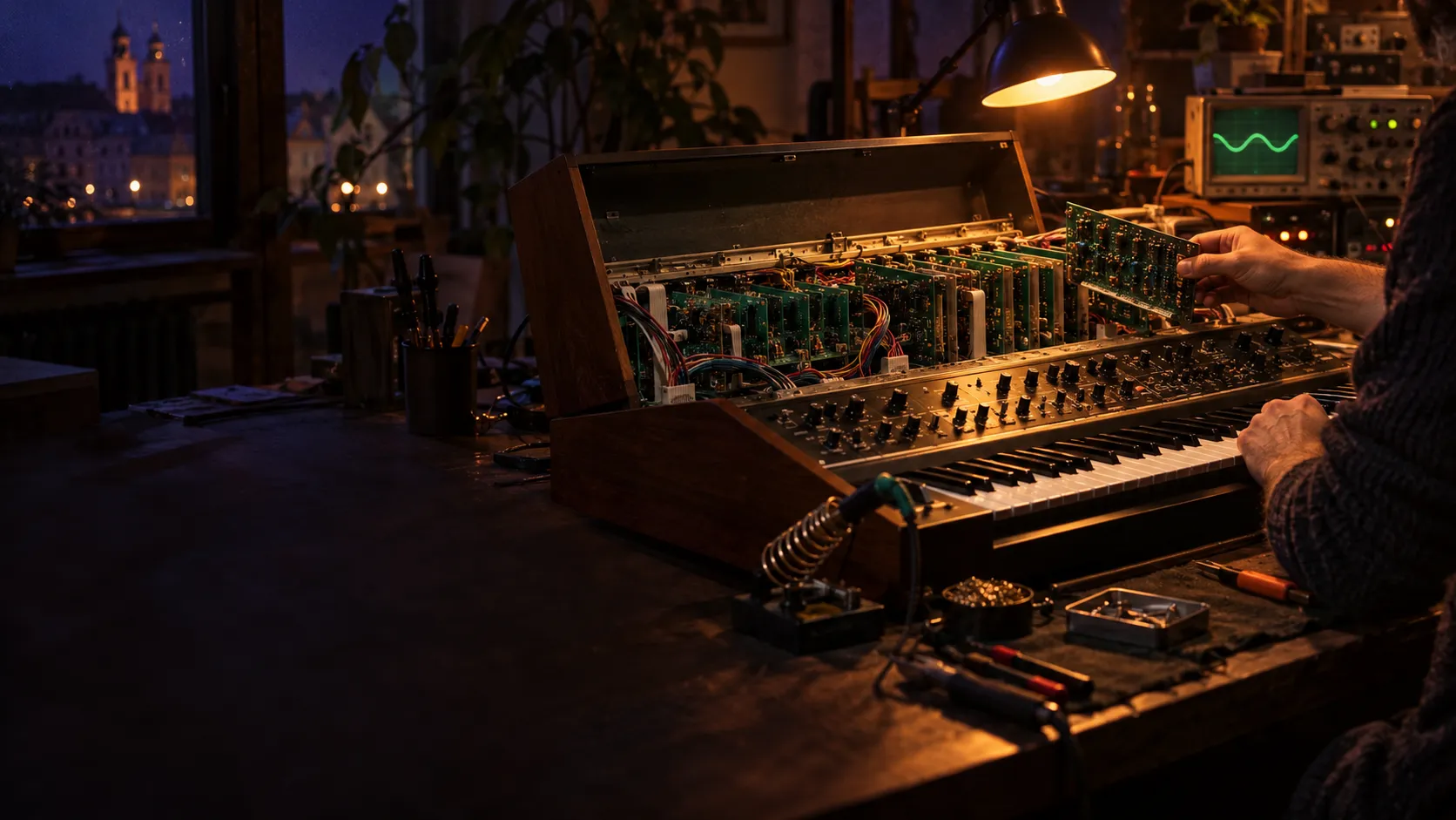 A polyphonic synthesizer open on the workbench
