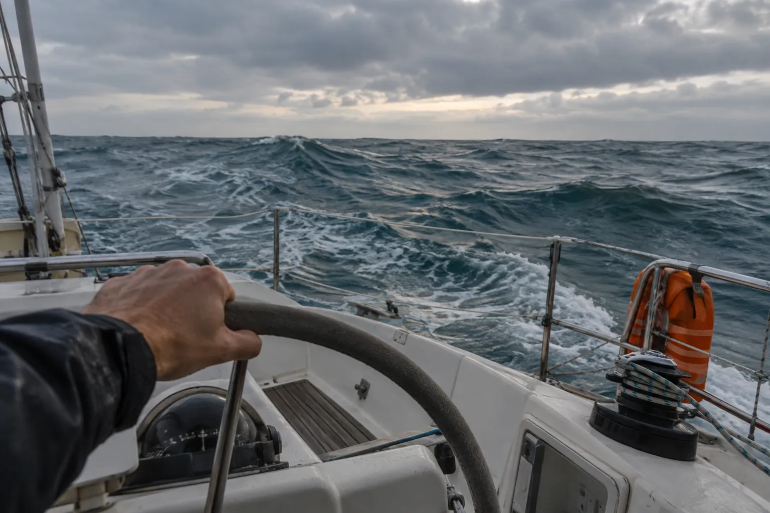 Open Atlantic swell seen from the cockpit of a cruising yacht