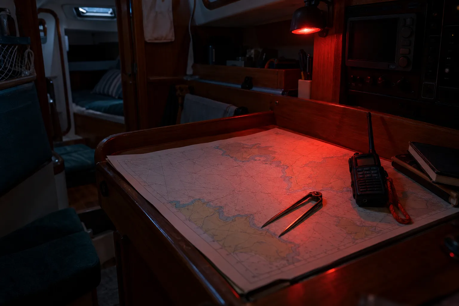 Night watch: a red-lit chart table and instruments at sea