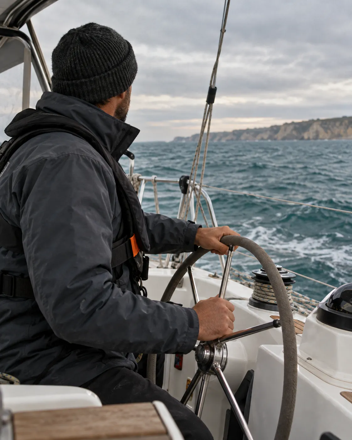 Hands on the wheel of a yacht, face out of frame