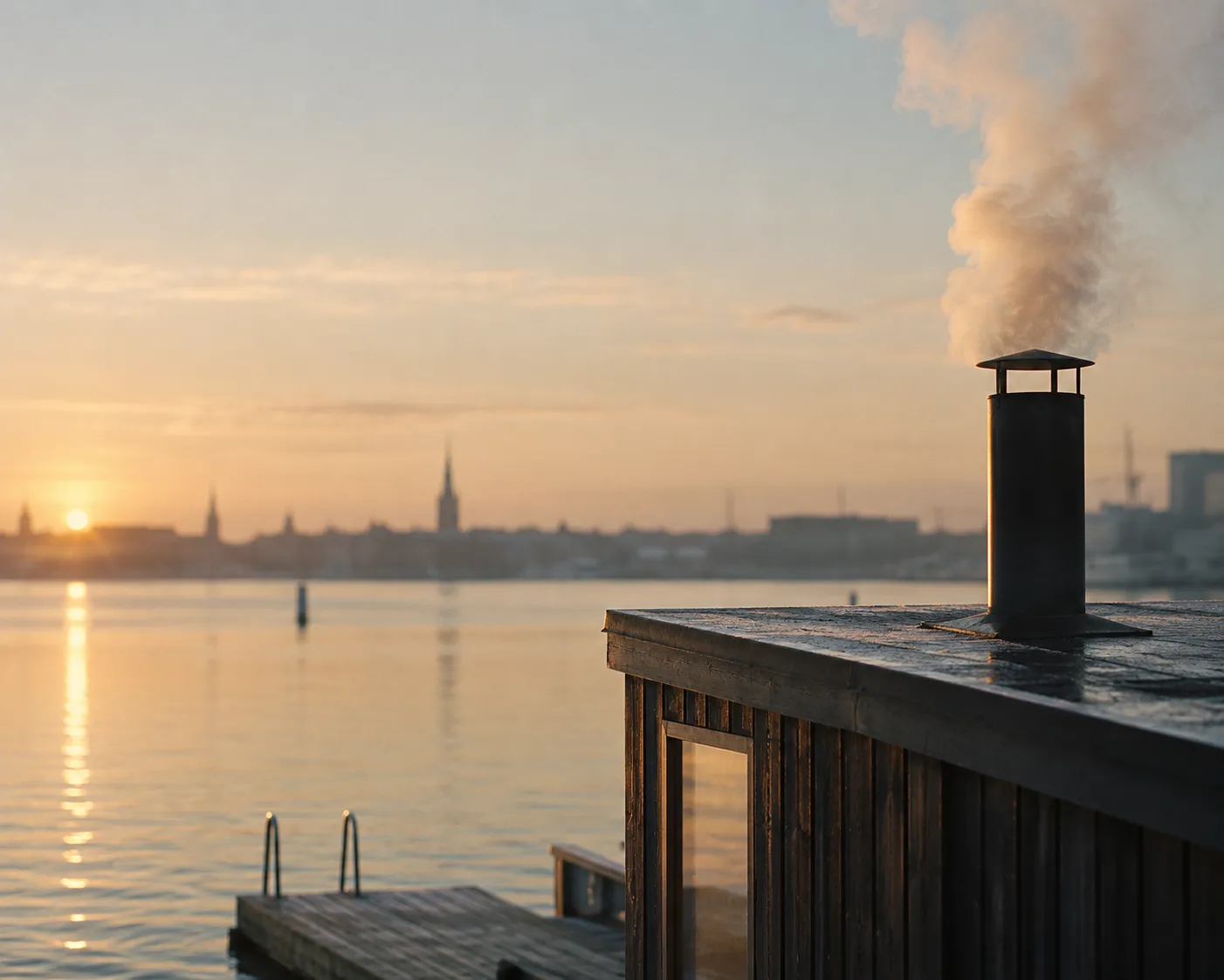 Steam rising from the sauna chimney at sunrise over the harbour