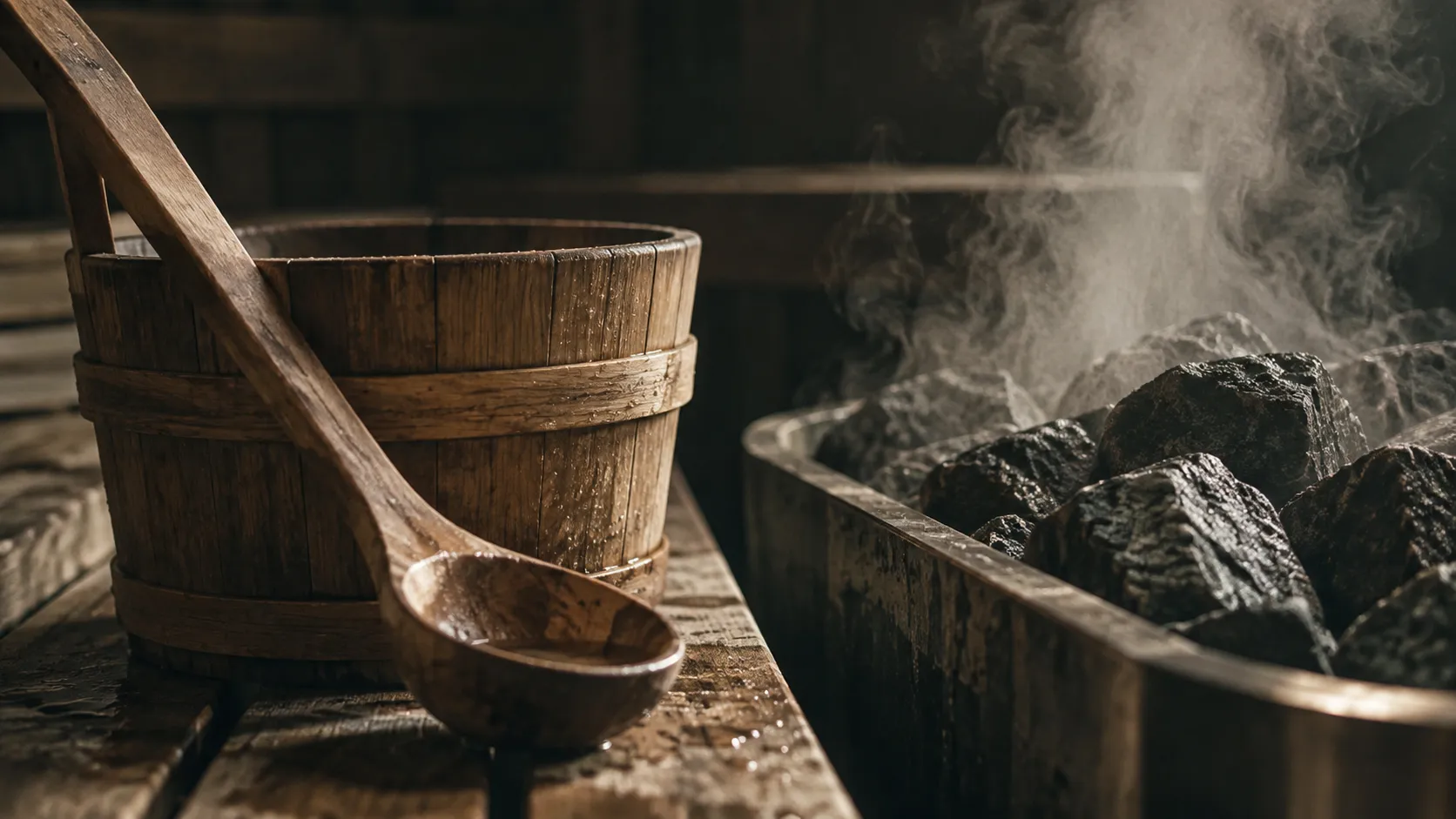 Close-up of a wooden ladle and steam over hot stones