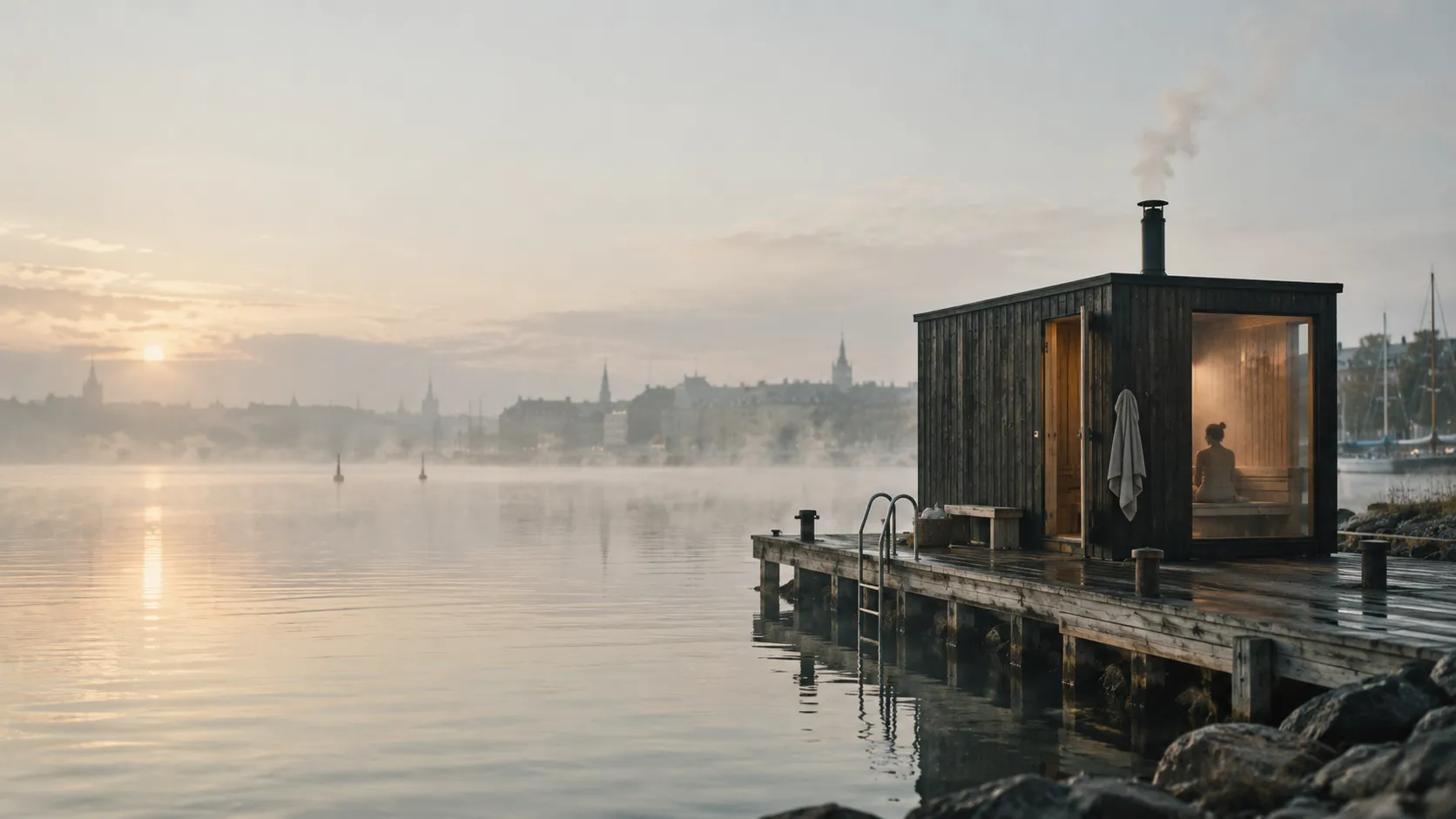 A wooden sauna cabin on a harbour pier in early morning mist