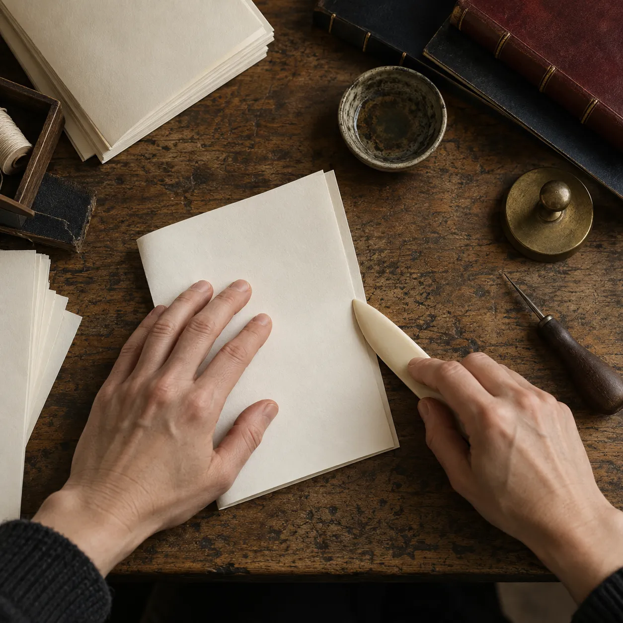 Folding sheets of cream paper with a bone folder