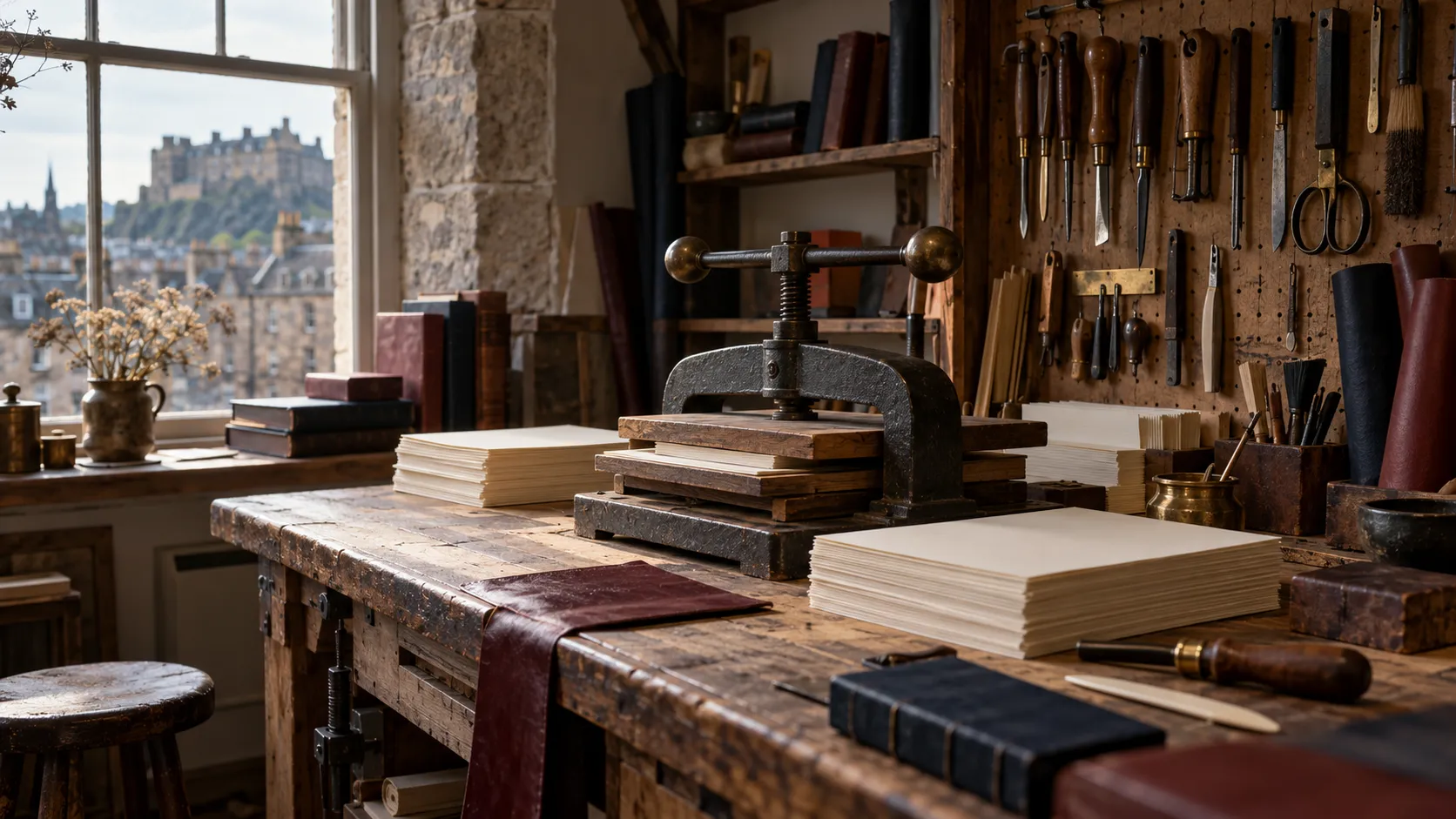 A small bindery workshop with tools on the wall and window light across the bench