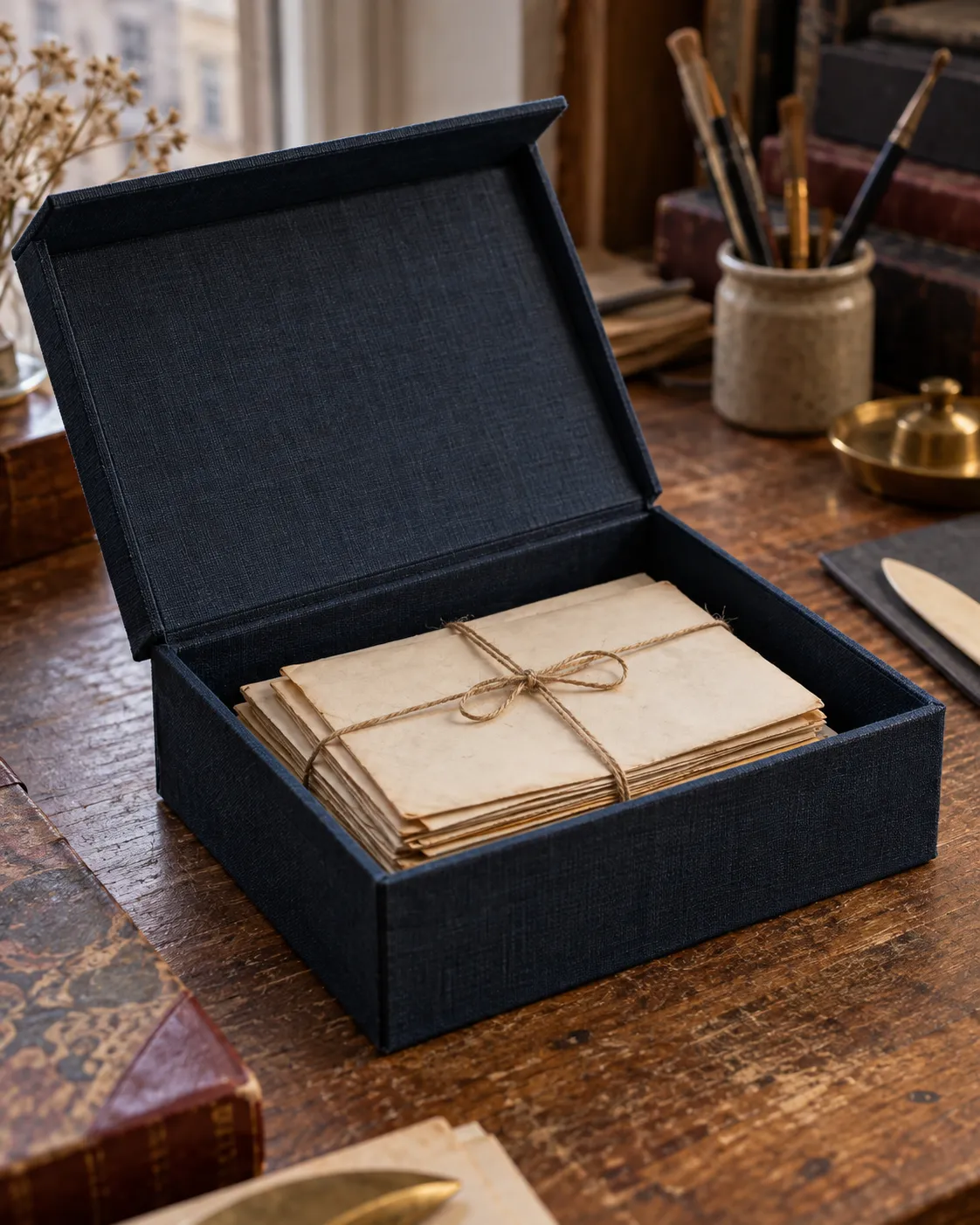 A cloth-covered clamshell box holding a small stack of letters
